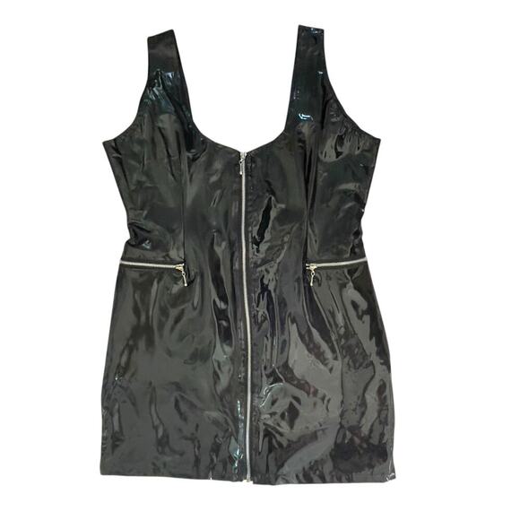 Vintage 90s Vinyl PVC Wet Look Goth Zip Front Black Mini Dress Size 16 NWT - Picture 9 of 15